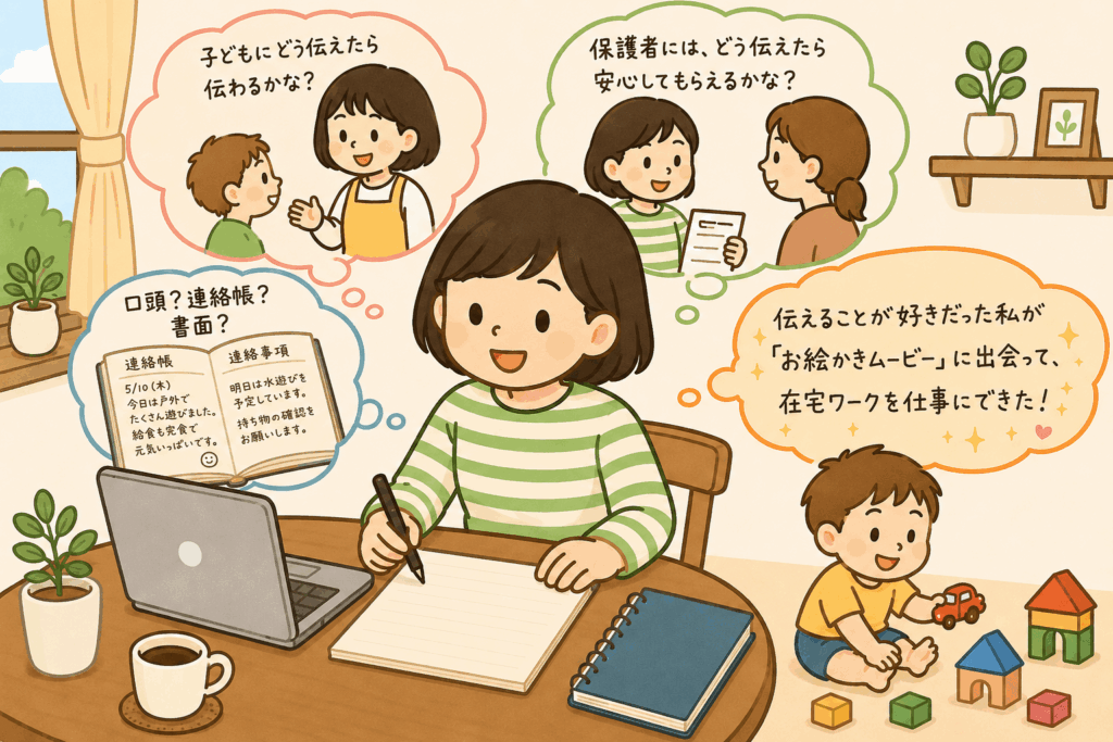 保育士経験と在宅ワークのつながりを描いたイラスト