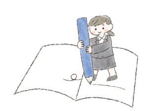 大きなペンを持ってノートの上で笑顔の女性