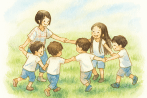 公園で輪になって遊ぶ保育士と子どもたち