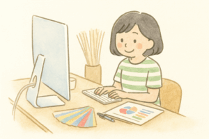 PC仕事をしている女性のイラスト