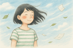 風を受けて笑顔の女性のイラスト